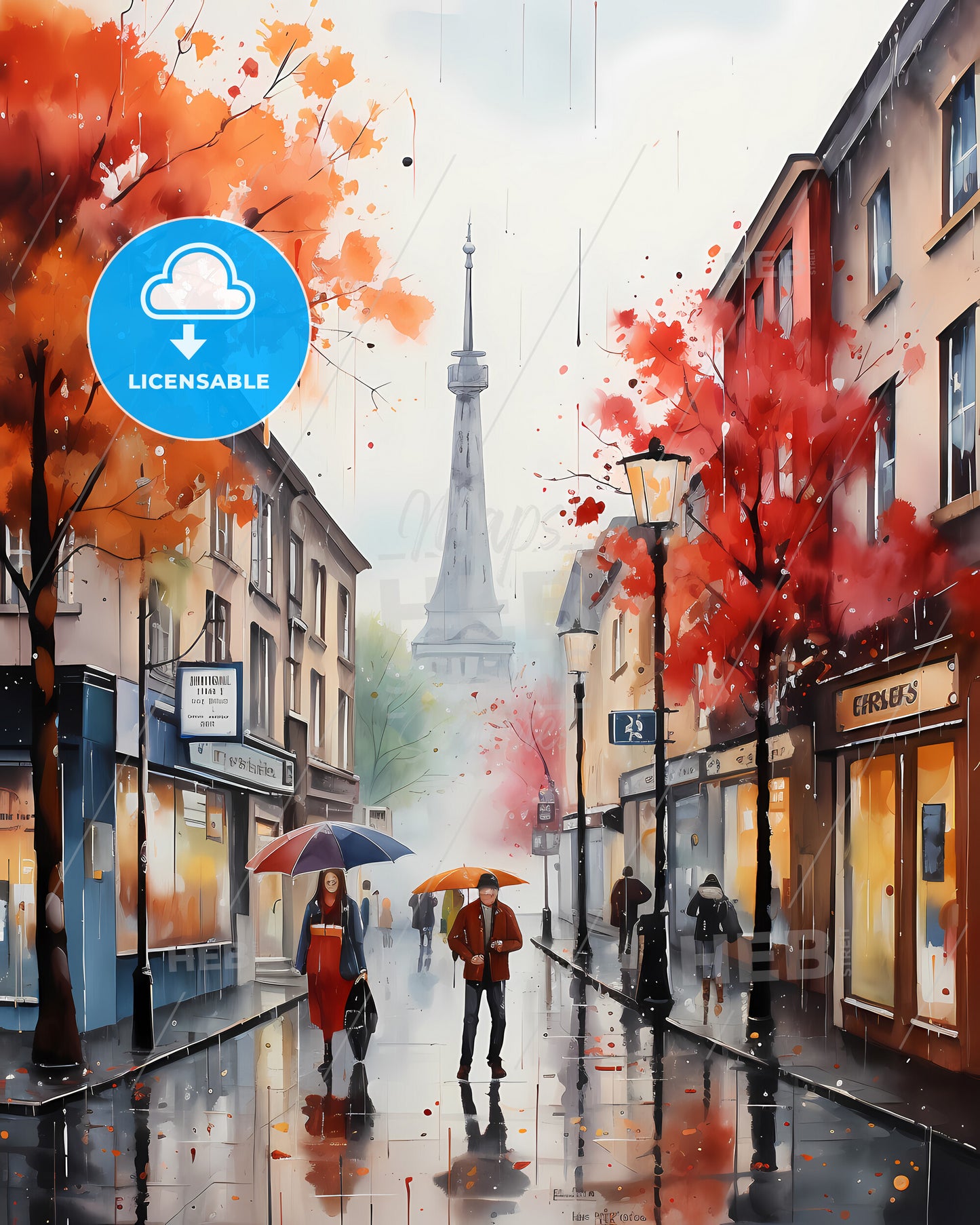 Bremen, Germany - A Painting Of People Walking On A Wet Street With Umbrellas