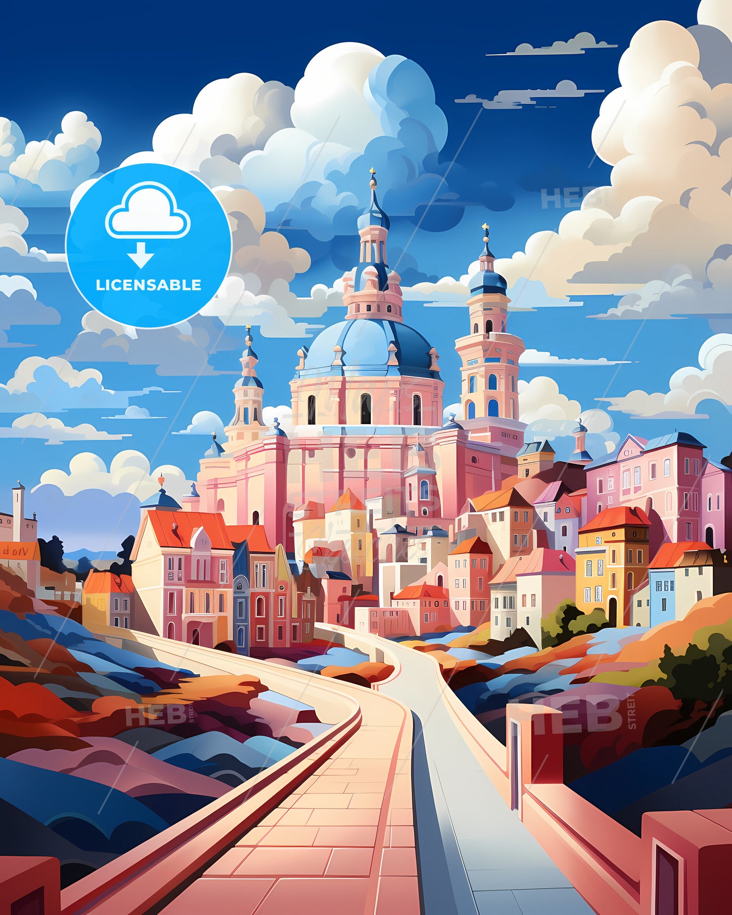 Plzeň, Czechia - A Pink Building With Blue Dome And A Blue Roof