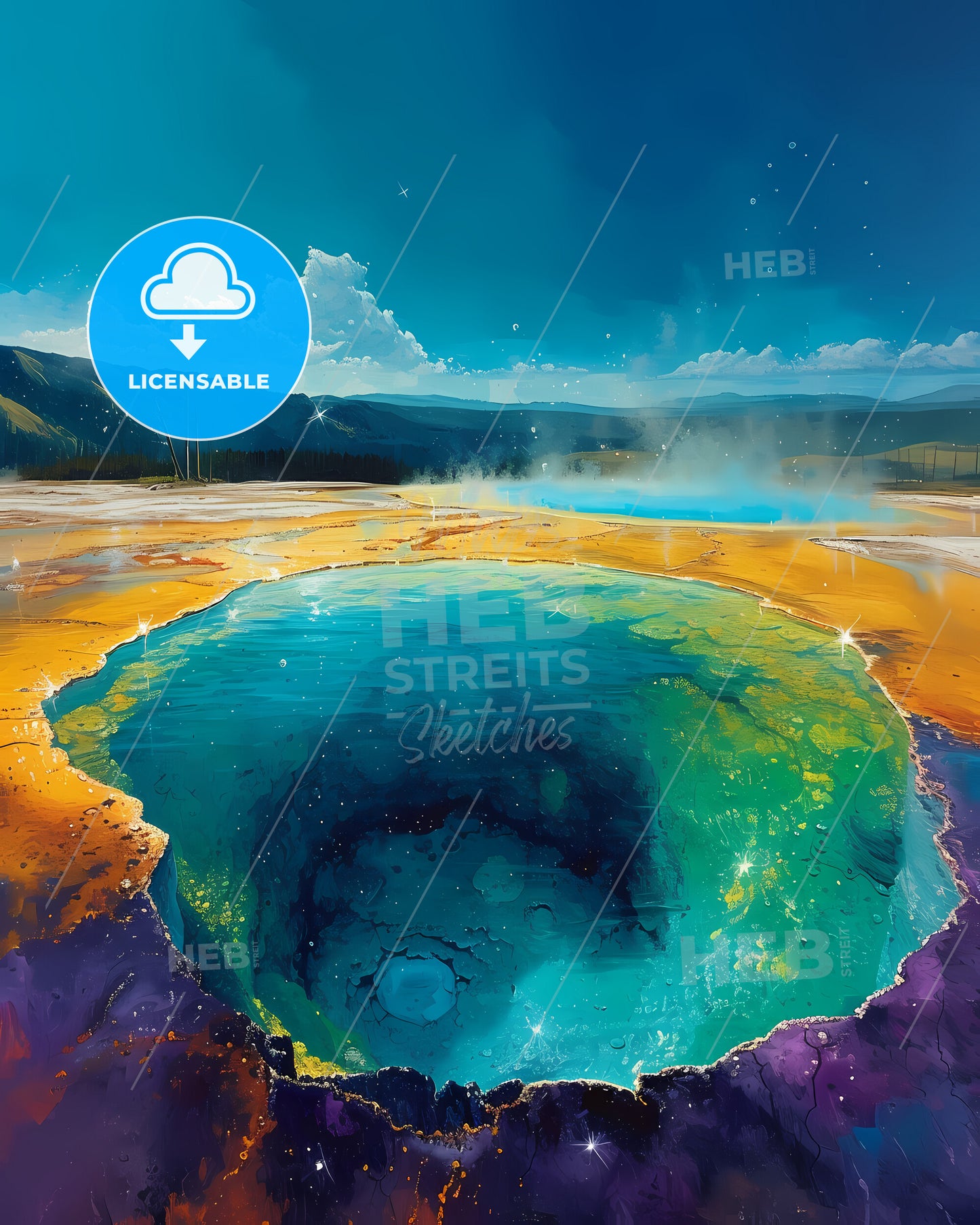 Wai-O-Tapu, New Zealand - A Colorful Hot Spring With A Blue Sky And Mountains In The Background