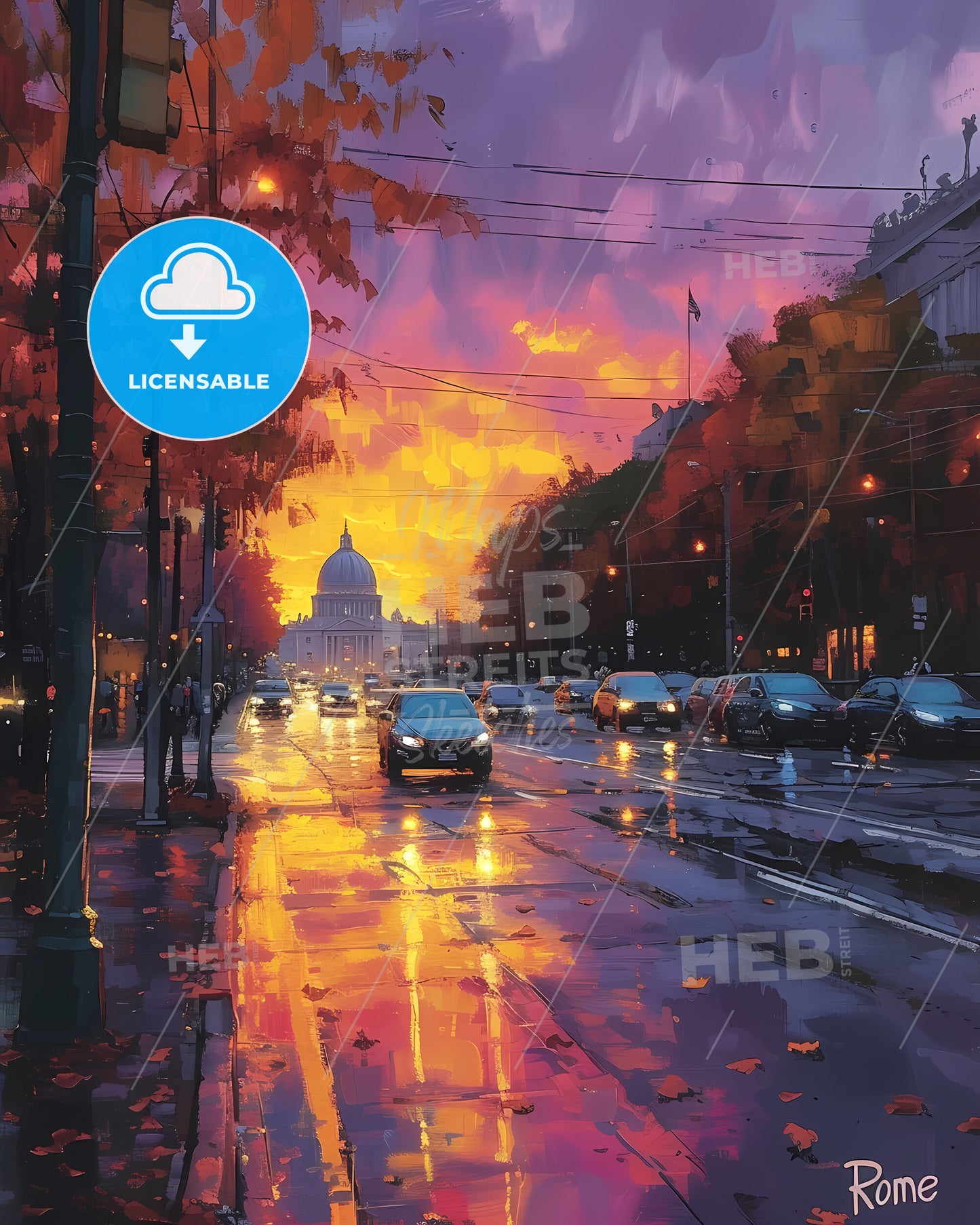 Poster Of Rome - A Street With Cars And A Dome In The Background