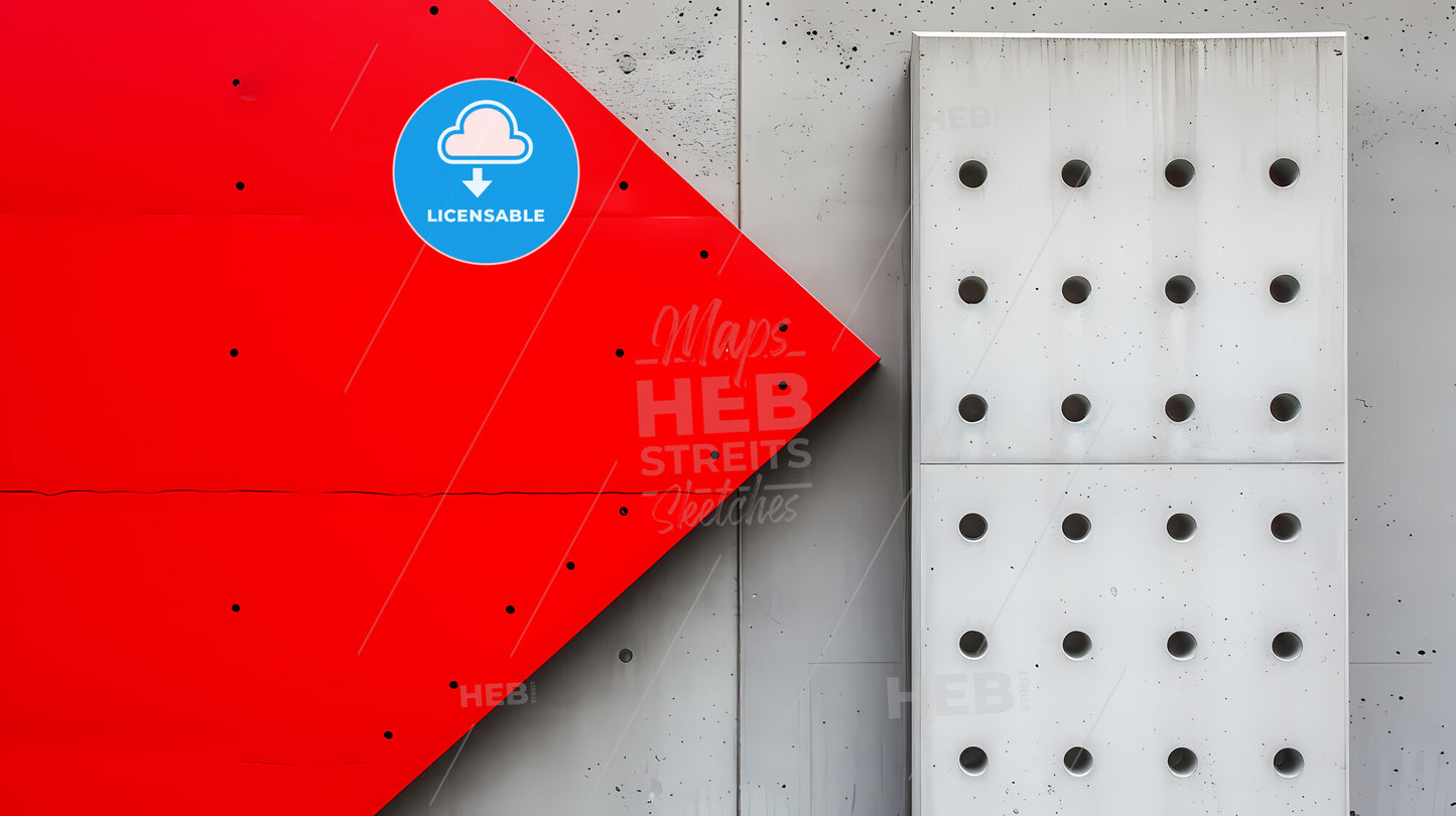 Background, Using One Color In Bright Red, And Using One Geometric Of Dotted - A Red And White Triangular Object Next To A White Rectangular Object