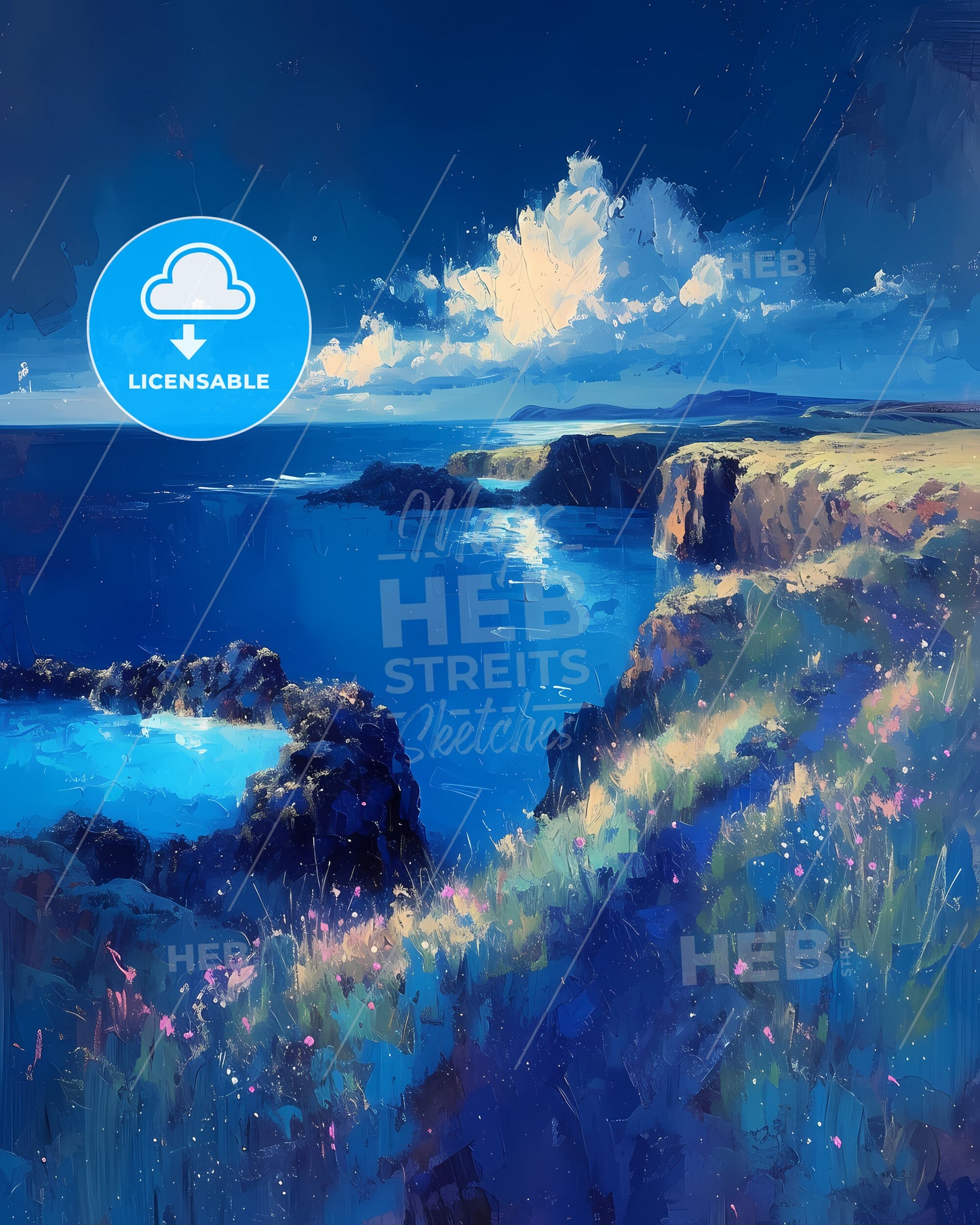 Blue Lagoon, Iceland - A Painting Of A Landscape With A Body Of Water And A Blue Sky