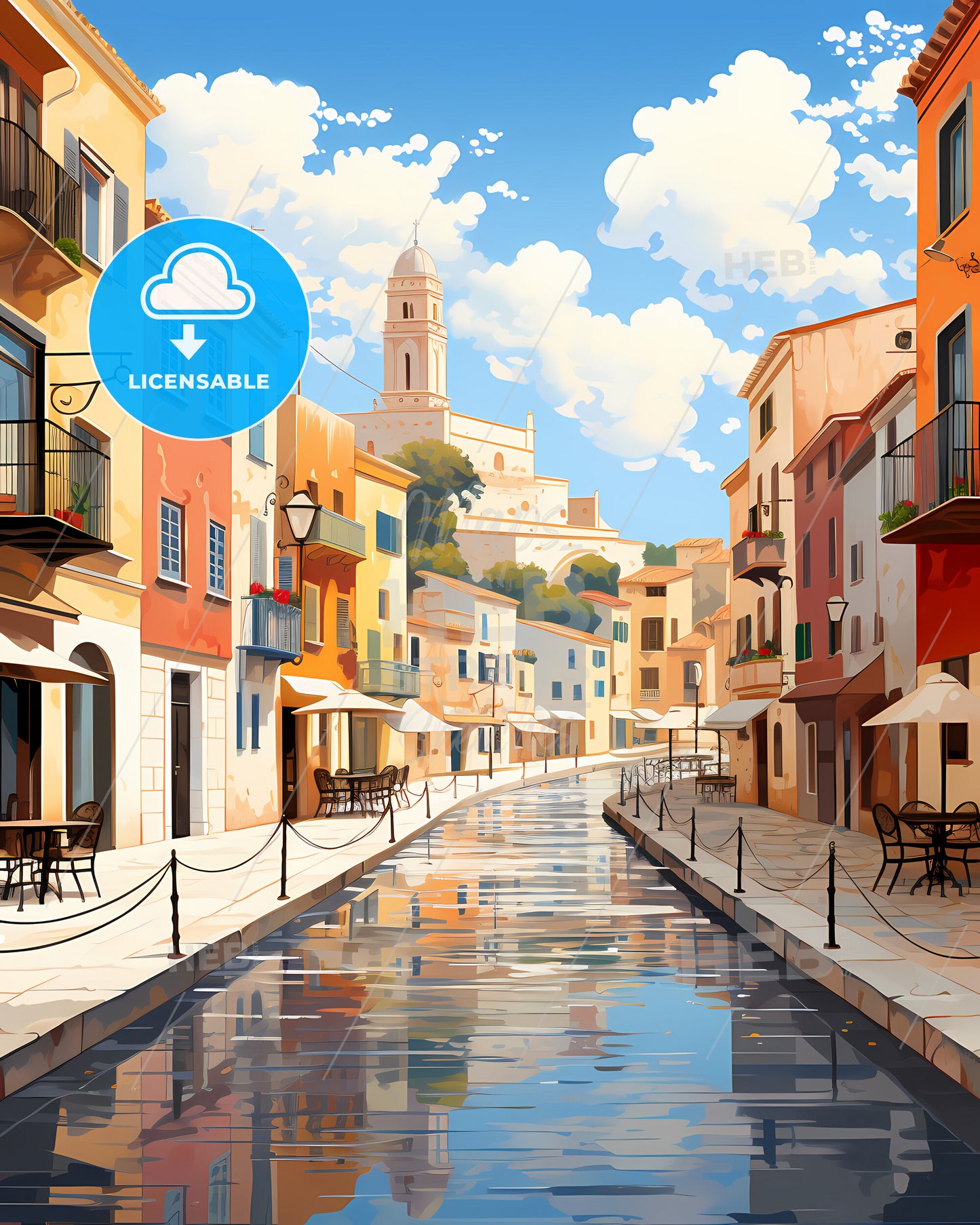 Palma, Spain - A Water Canal With Tables And Chairs In A City