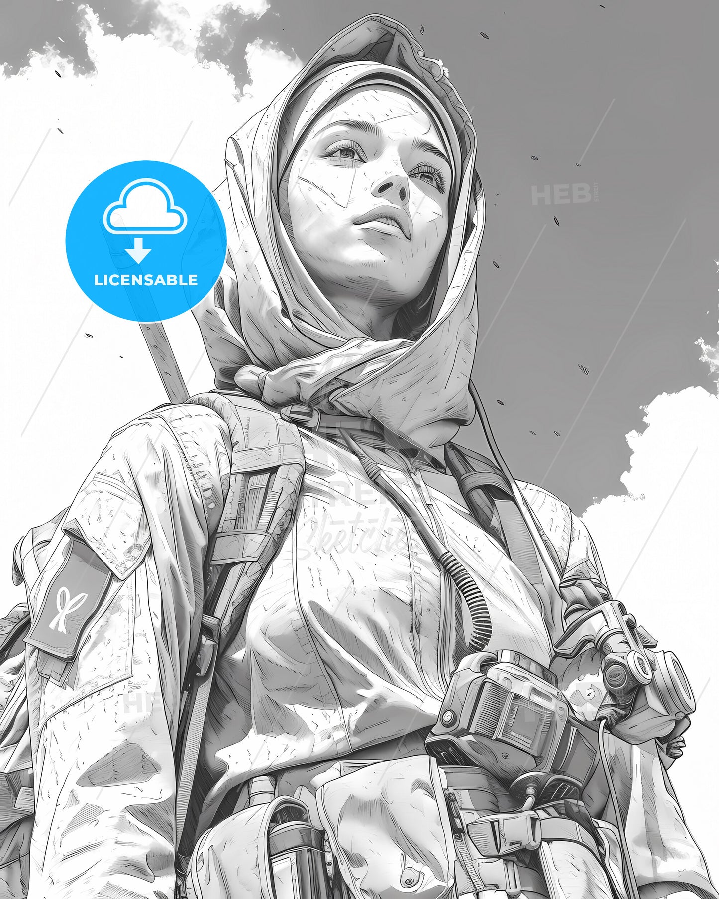 Saint Mary Standing Above Firefighters, Line Art - A Woman Wearing A Hoodie And A Backpack