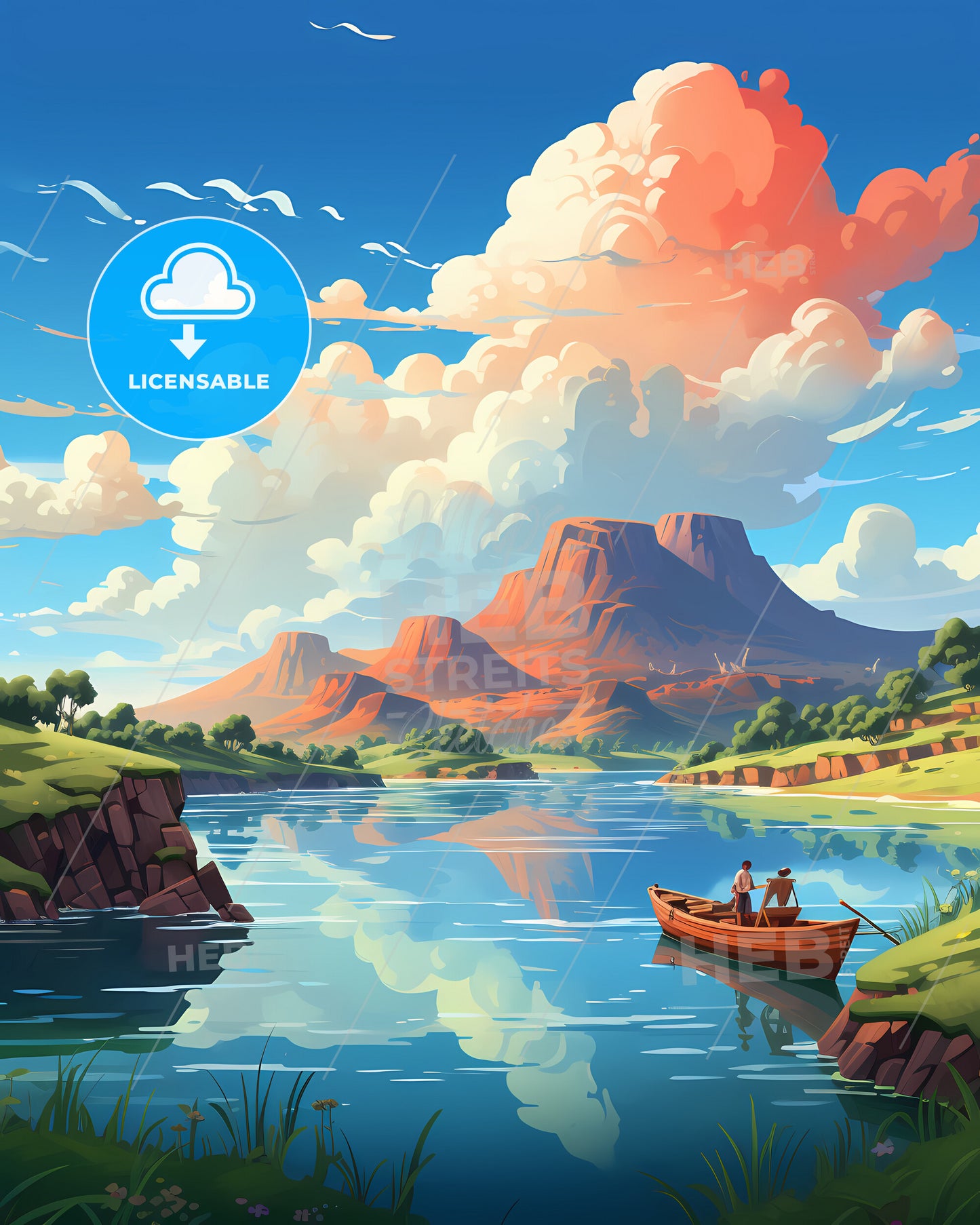 Komodo Islands, Indonesia - A Painting Of A River With A Boat And Mountains In The Background