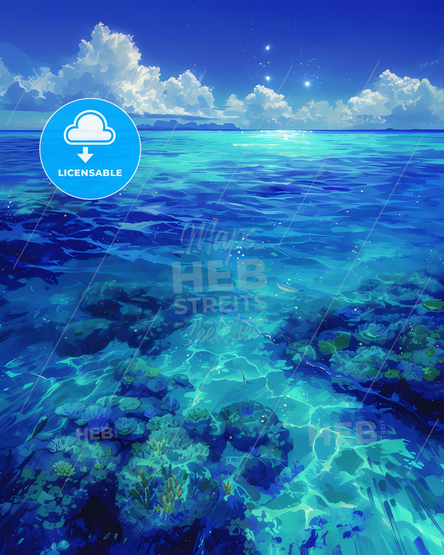 Raja Ampat, Indonesia - A Blue Ocean With Corals And Clouds In The Sky