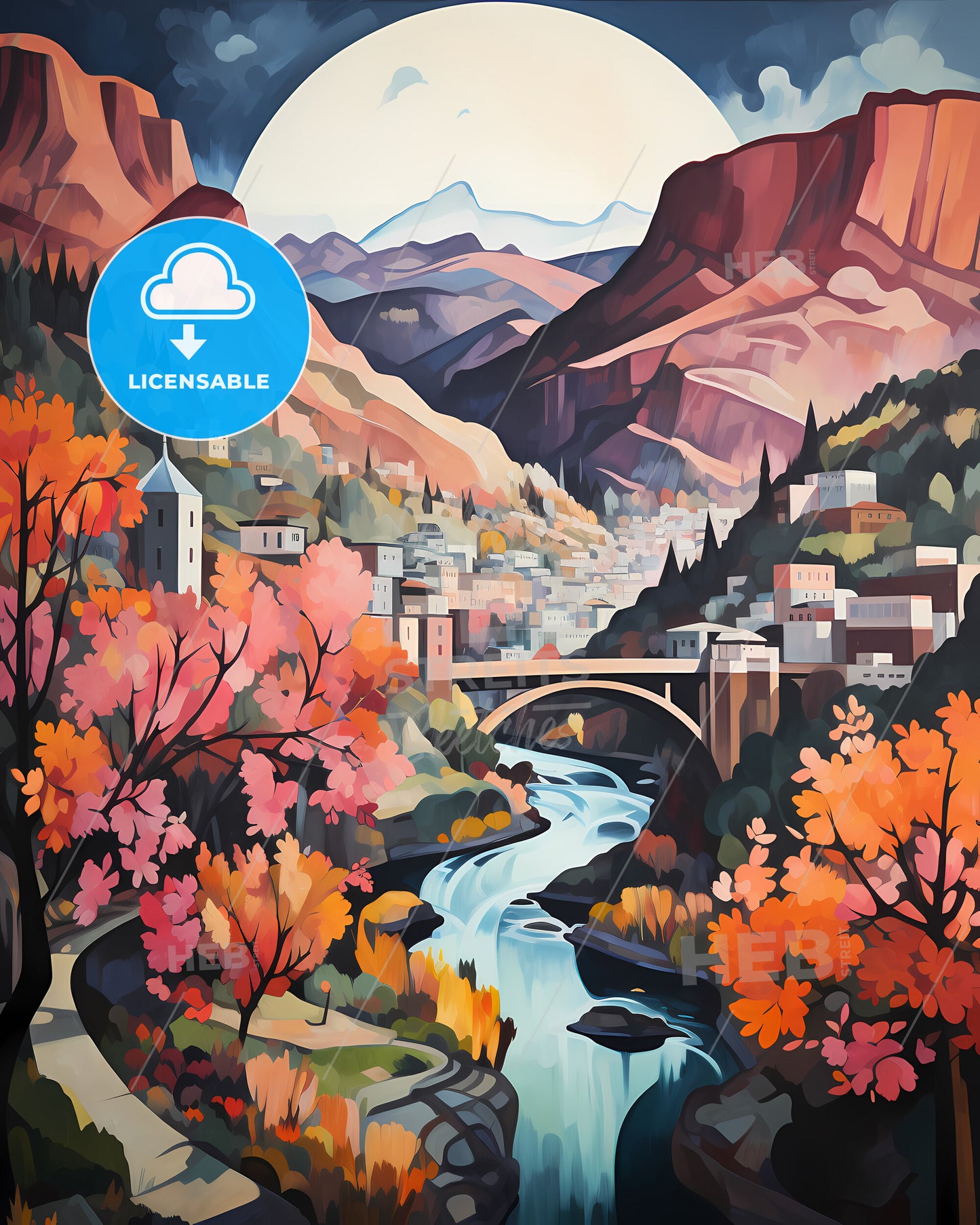 Mostar, Bosnia And Herzegovina - A Painting Of A Town And A River