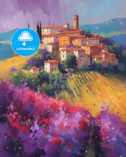 Tuscany, Italy - A Painting Of A Village On A Hill With Flowers