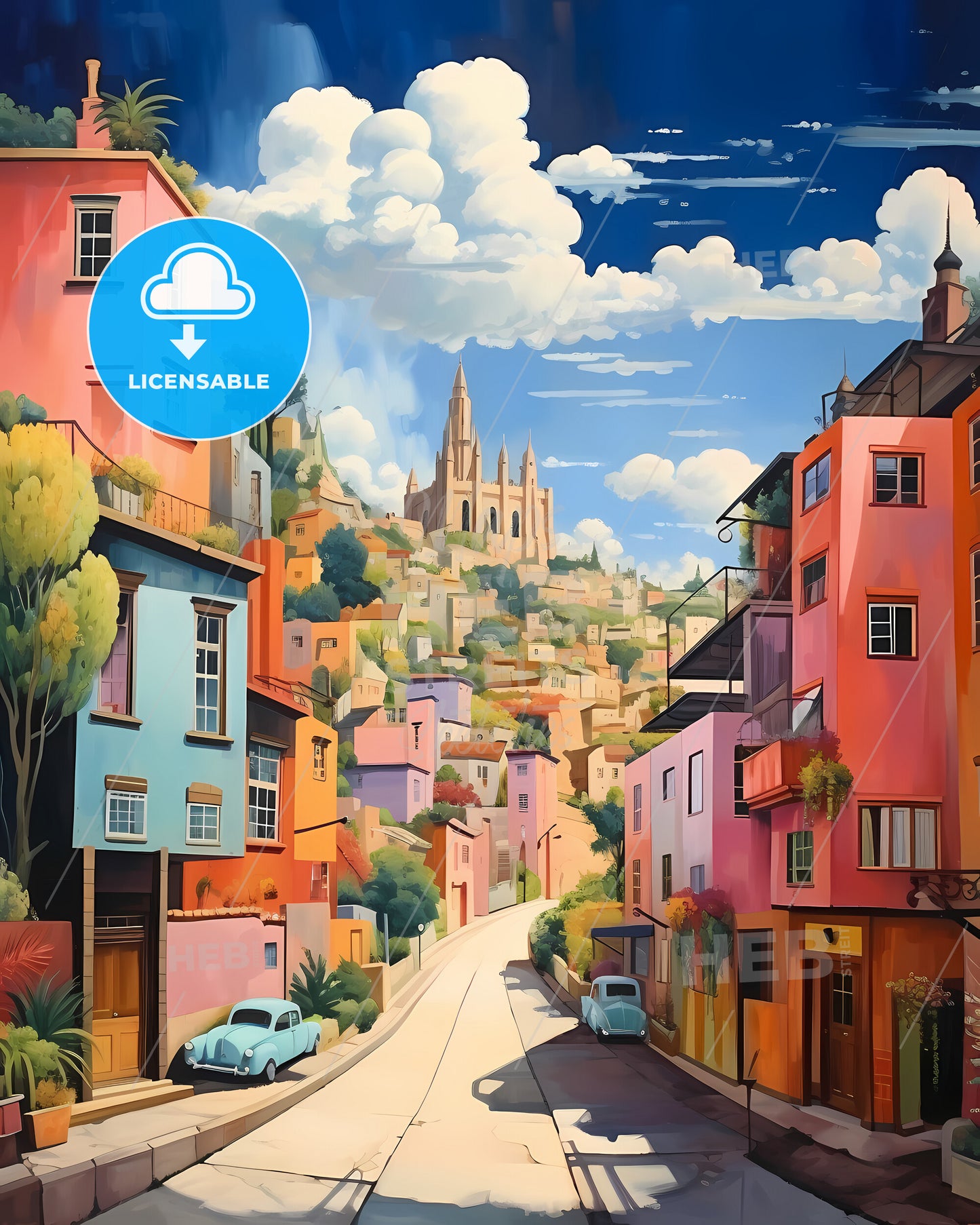 Vigo, Spain - A Street With Colorful Buildings And A Castle In The Background