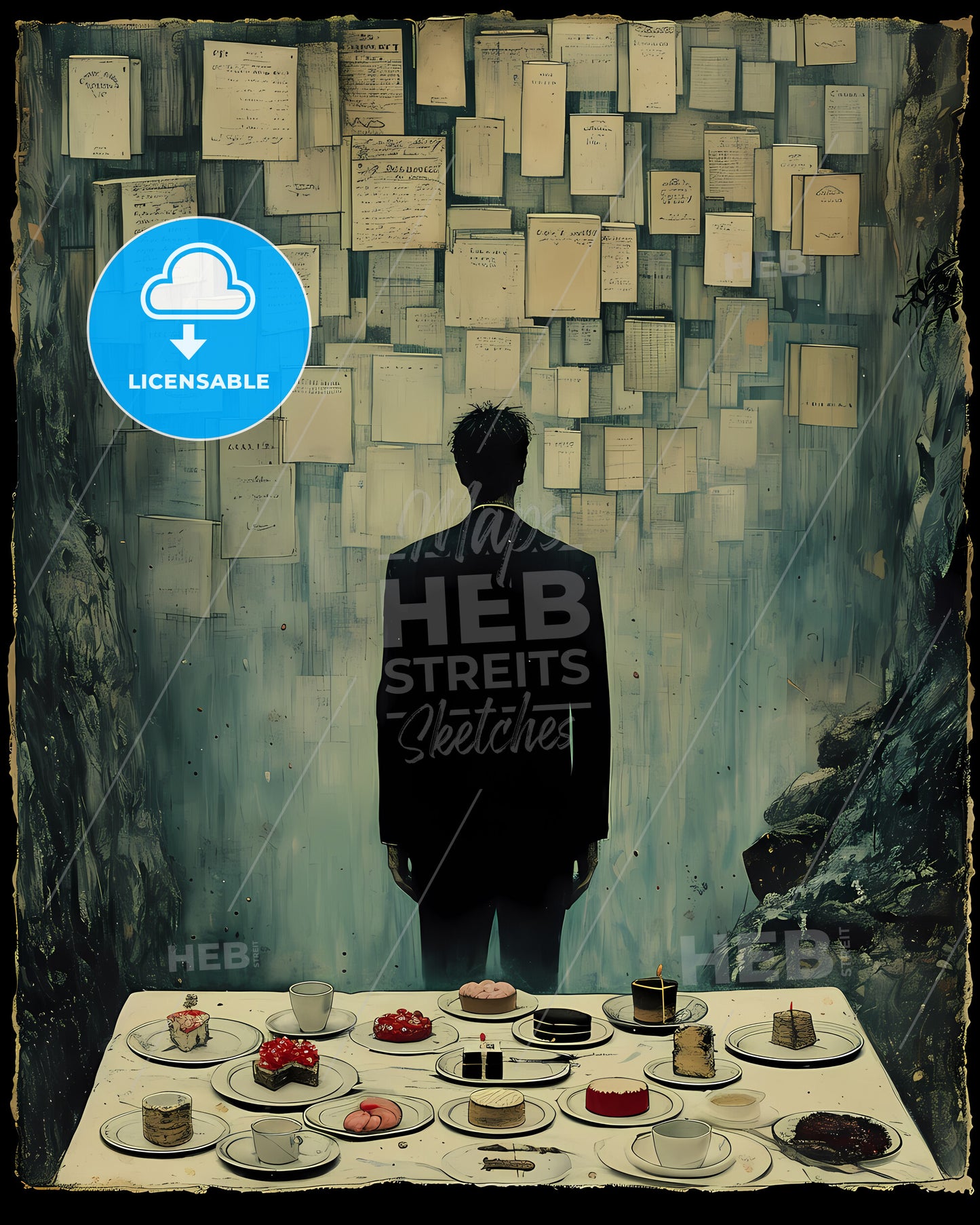 View From Above On A Laid Table, Birthday, Cake, Plates, Presents - A Man Standing In Front Of A Table With Plates Of Food And Desserts