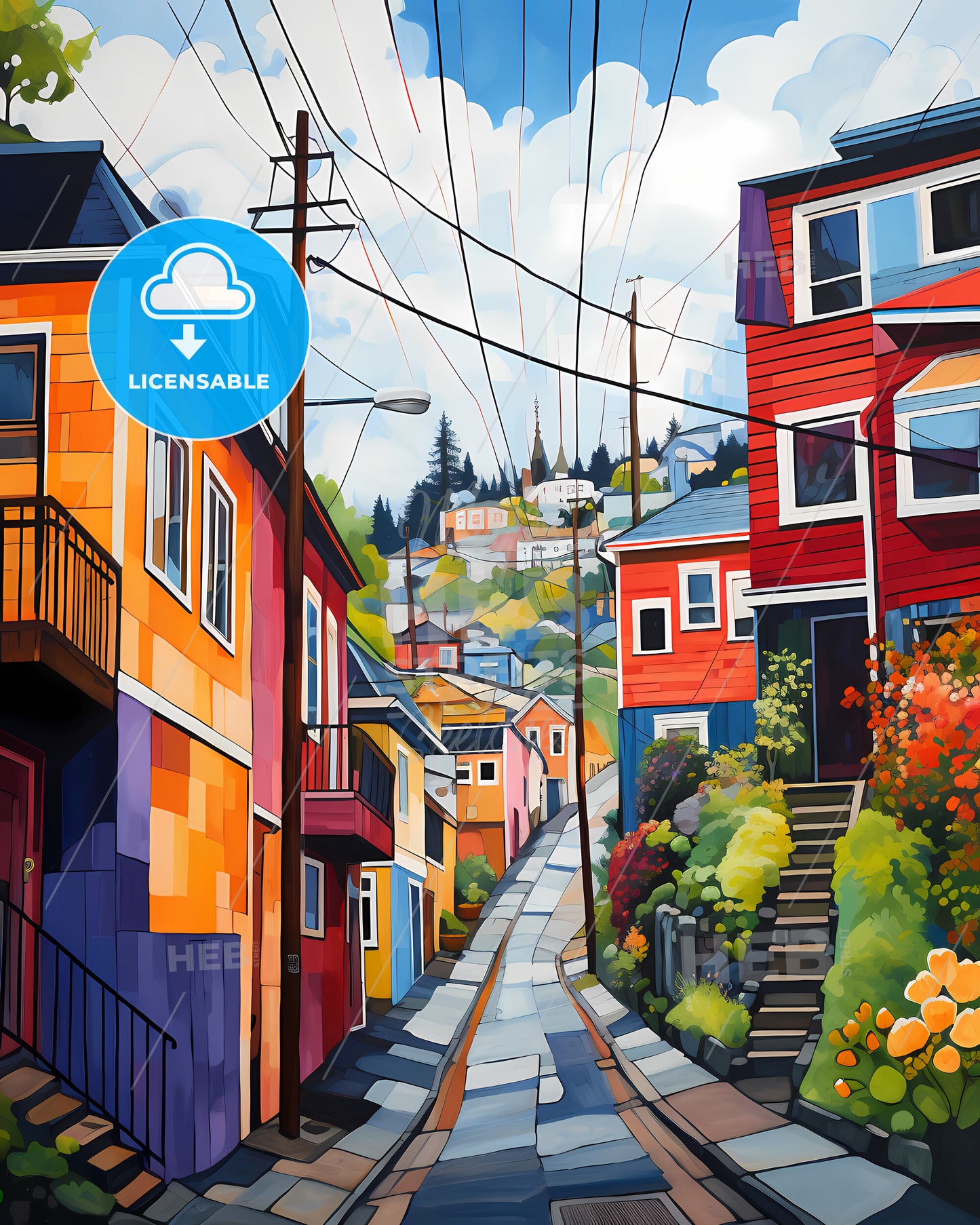 Tromsö, Norway - A Painting Of A Street With Colorful Houses