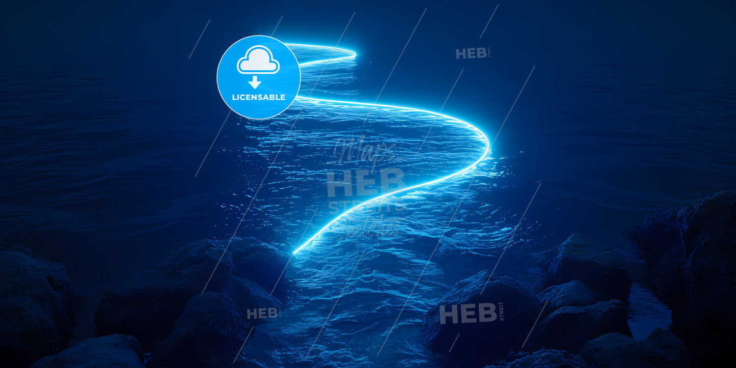 Abstract Panoramic Background Of Twisted Dynamic Blue Neon Lines Glowing In The Dark Room With Floor Reflection - A Light Trail In The Water