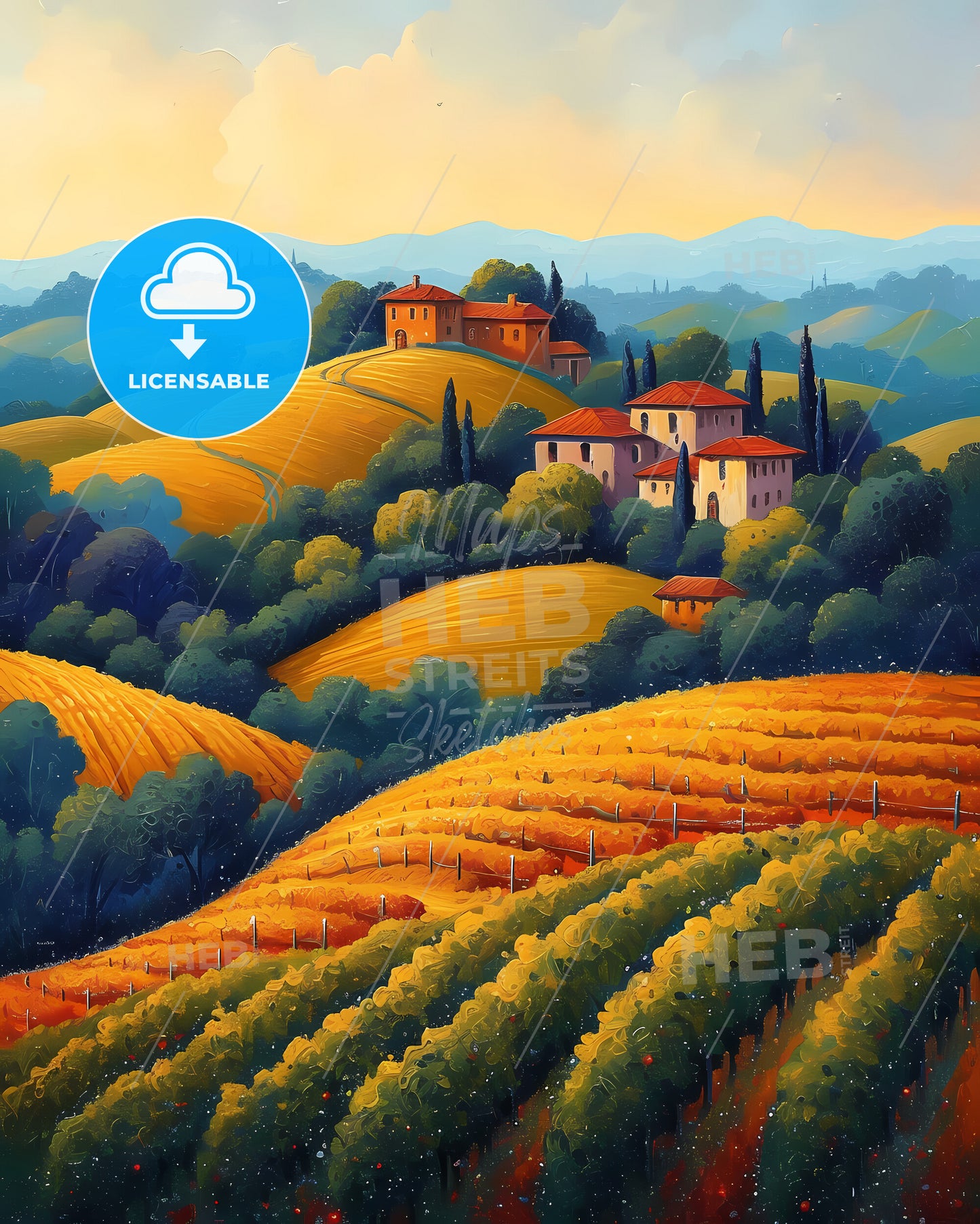 Rheinhessen, Germany - A Painting Of A Landscape With A House And Trees