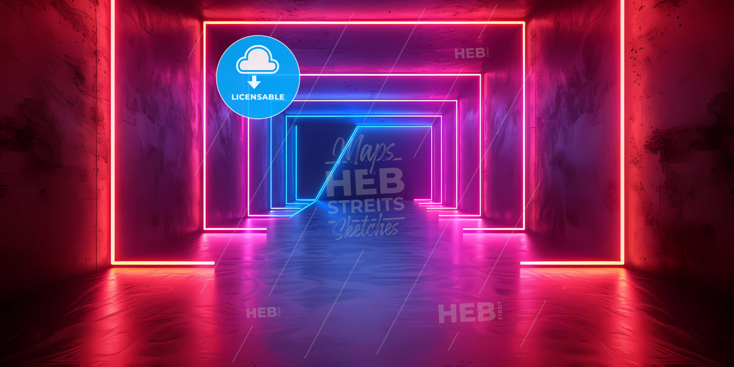 Abstract Futuristic Neon Background, Glowing Lines, Triangular Tunnel, Corridor, Ultraviolet Neon Light, Empty Space - A Room With A Tunnel With Neon Lights