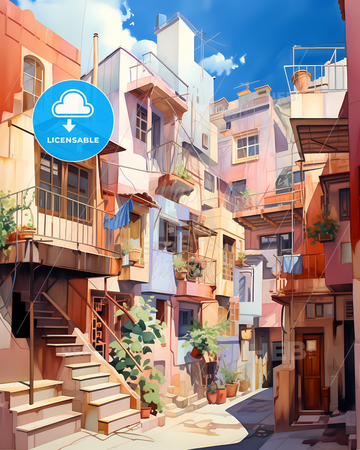 Barcelona, Spain - A Colorful Buildings With Stairs And Balconies