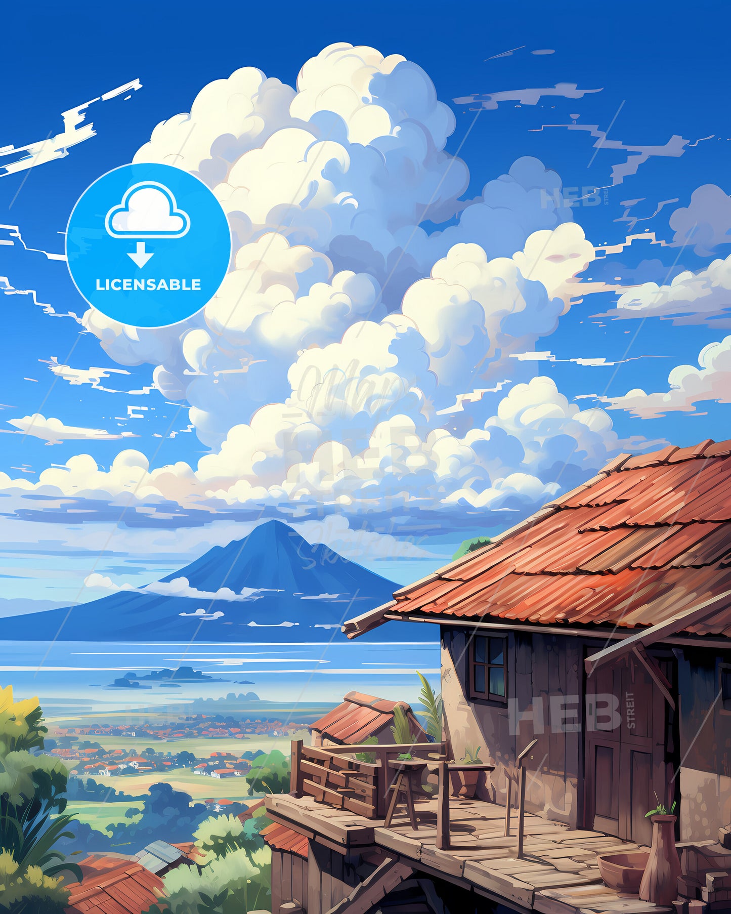 On The Roof Of Gili Islands, Indonesia - A House With A Mountain In The Background