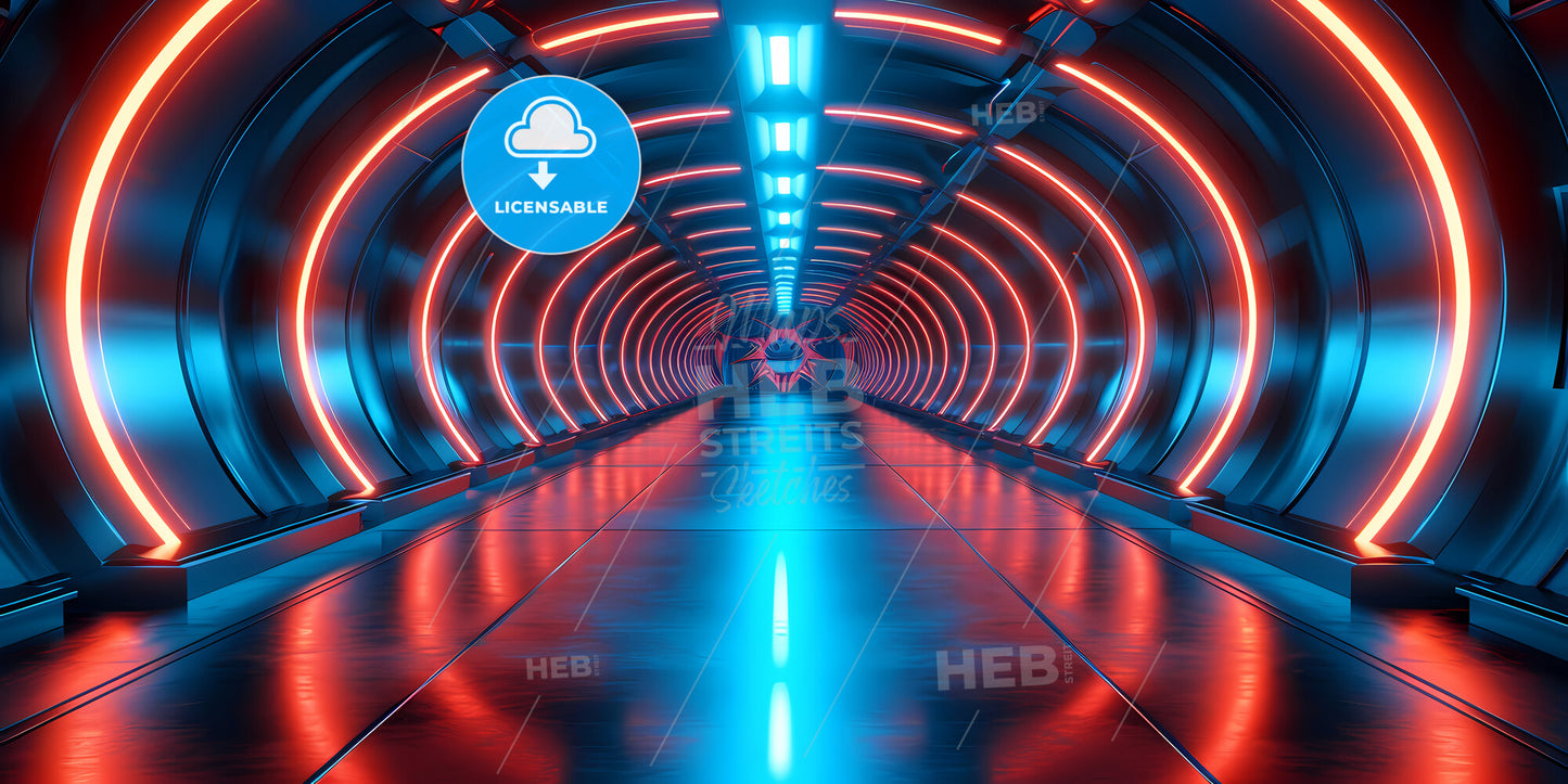 Abstract Neon Background, Empty Square Tunnel With Pink Glowing Lines - A Long Tunnel With Red And Blue Lights