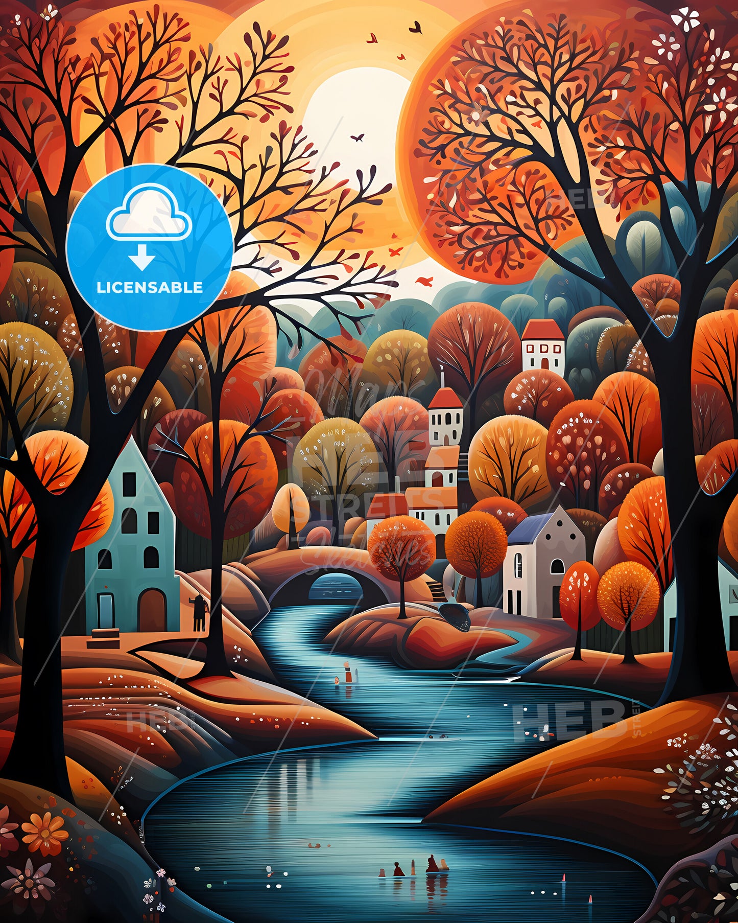 Rotterdam, Netherlands - A Painting Of A River Running Through A Village