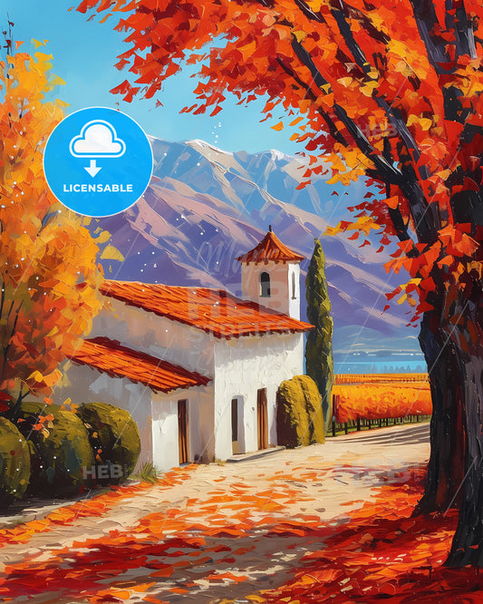Colchagua Valley, Chile - A White Building With Orange Leaves And Trees In Front Of Mountains