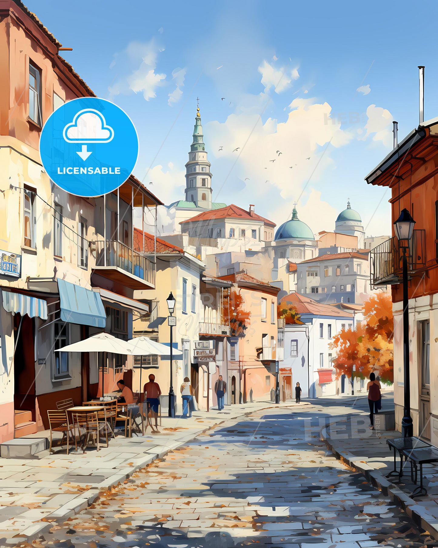 Belgrade, Serbia - A Street With Tables And Chairs And Buildings In The Background