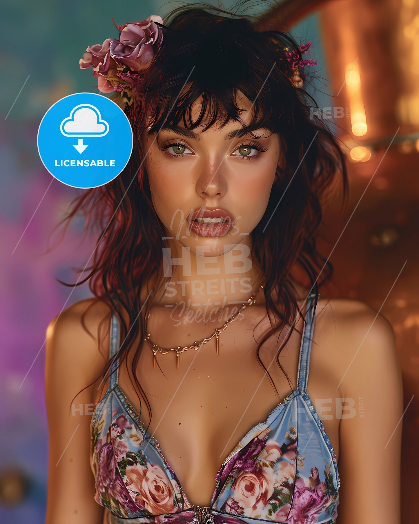 50S Pin Up Girl Sitting On Top Of A Copper Still Wearing A Short Halter Top And Denim Shorts - A Woman With Flowers In Her Hair