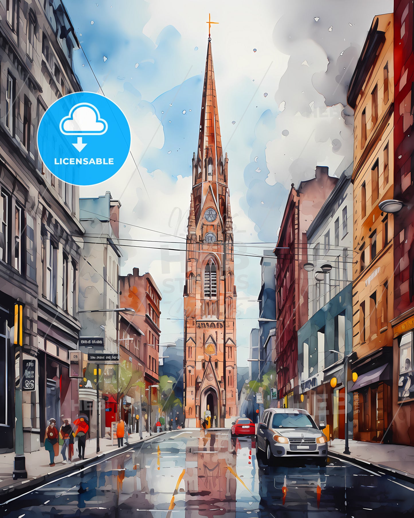 Frankfurt Am Main, Germany - A Watercolor Of A Street With A Tall Tower And Cars