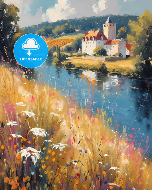 Loire Valley, France - A Painting Of A House By A River