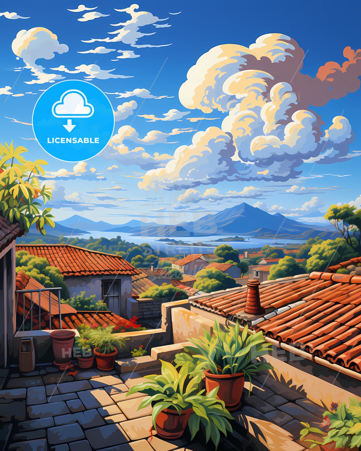 On The Roof Of Komodo Islands, Indonesia - A Rooftops Of A Town With A Mountain And A Body Of Water