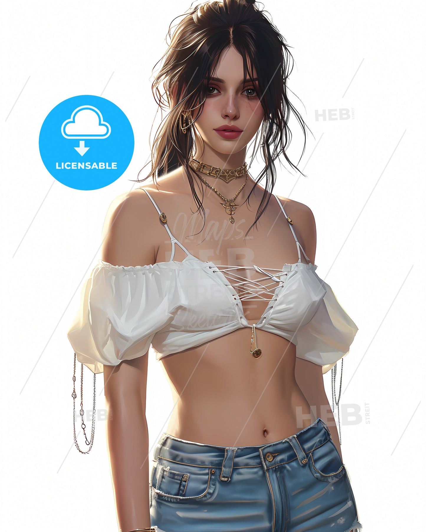 Fashion Girl With White Top And Blue Short Ripped Jeans - A Woman Wearing A White Top And Blue Jeans