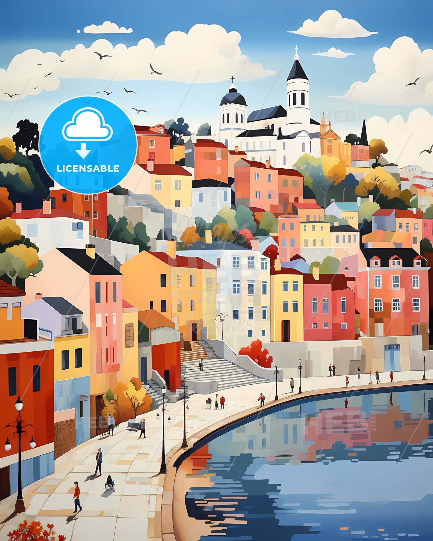 Belgrade, Serbia - A Painting Of A Town By A Body Of Water