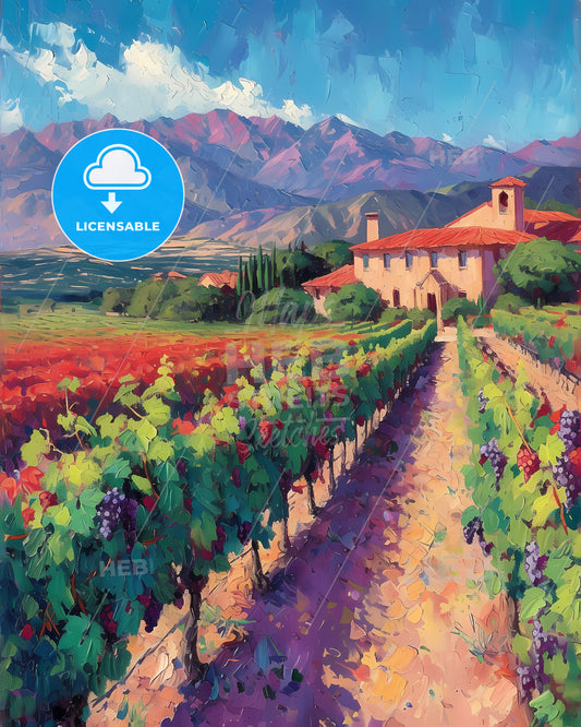 Colchagua Valley, Chile - A Painting Of A Vineyard With Mountains In The Background