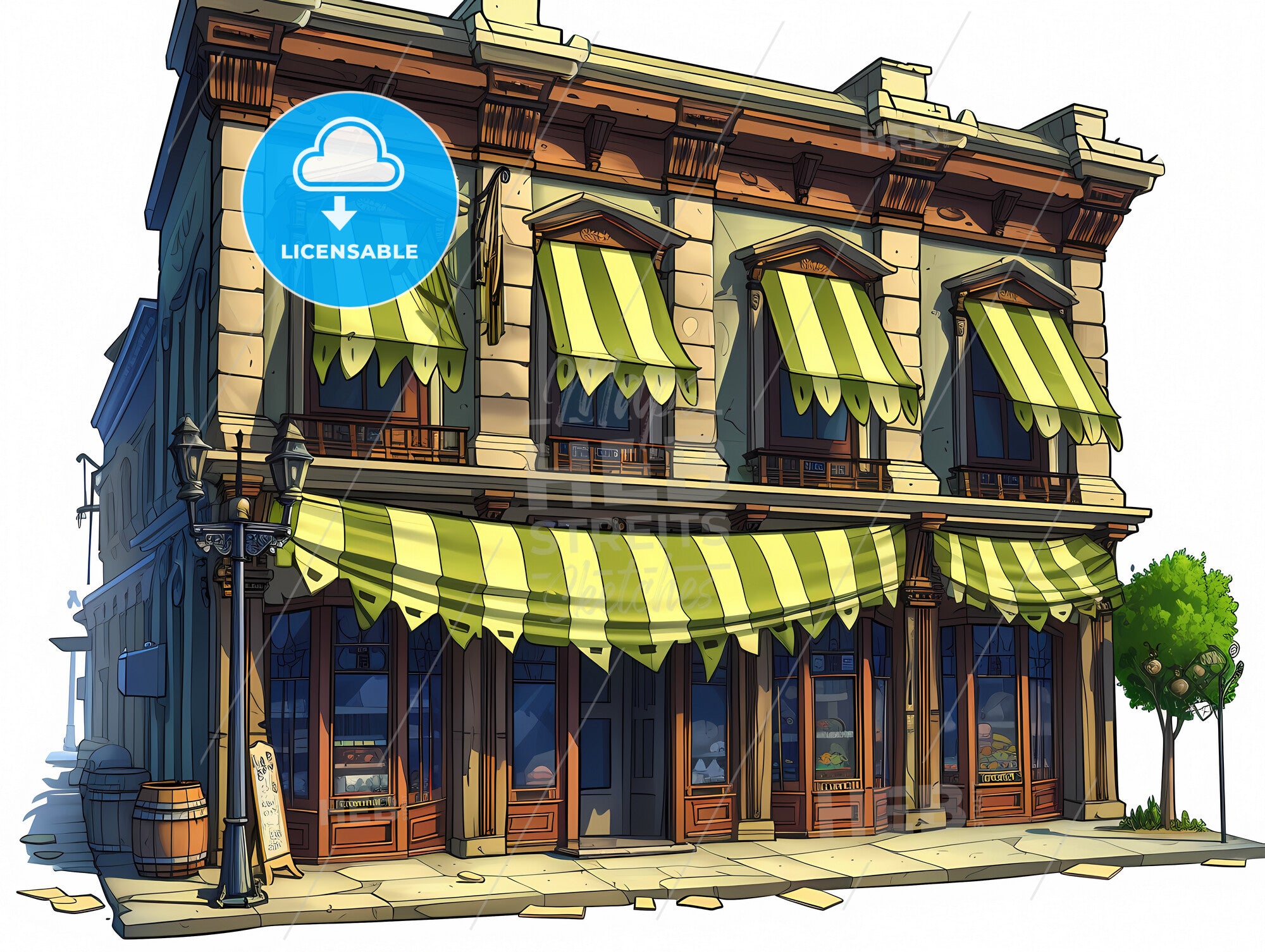 Pixar Like Outside Cartoon Restaurant A Building With Awnings And
