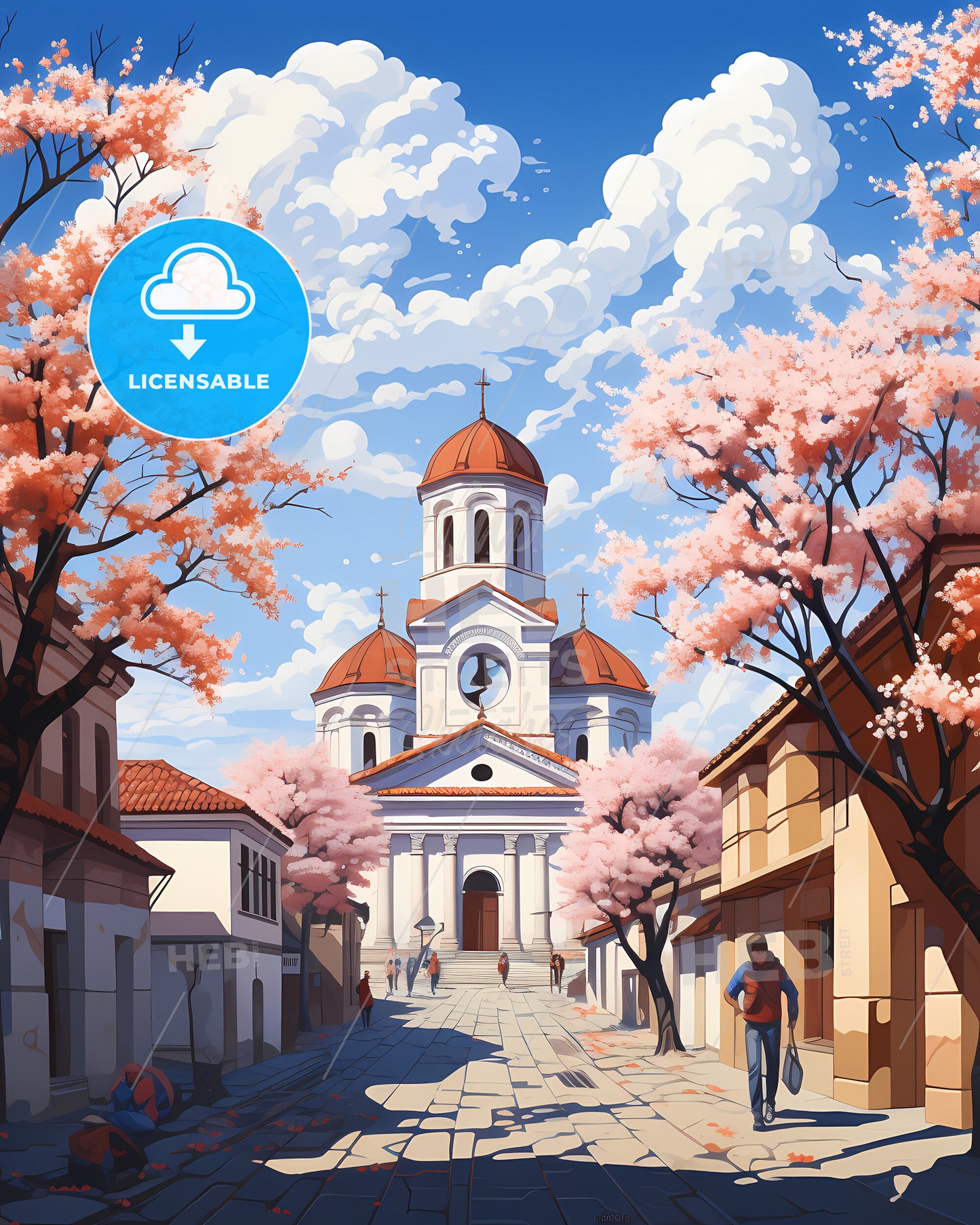 Timișoara, Romania - A Church With A Dome Roof And People Walking In The Street