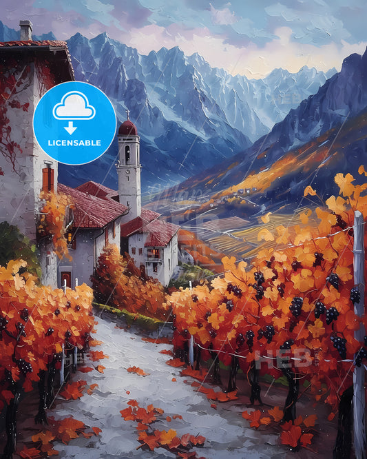 Trentino-Alto Adige, Italy - A Painting Of A Vineyard In The Mountains