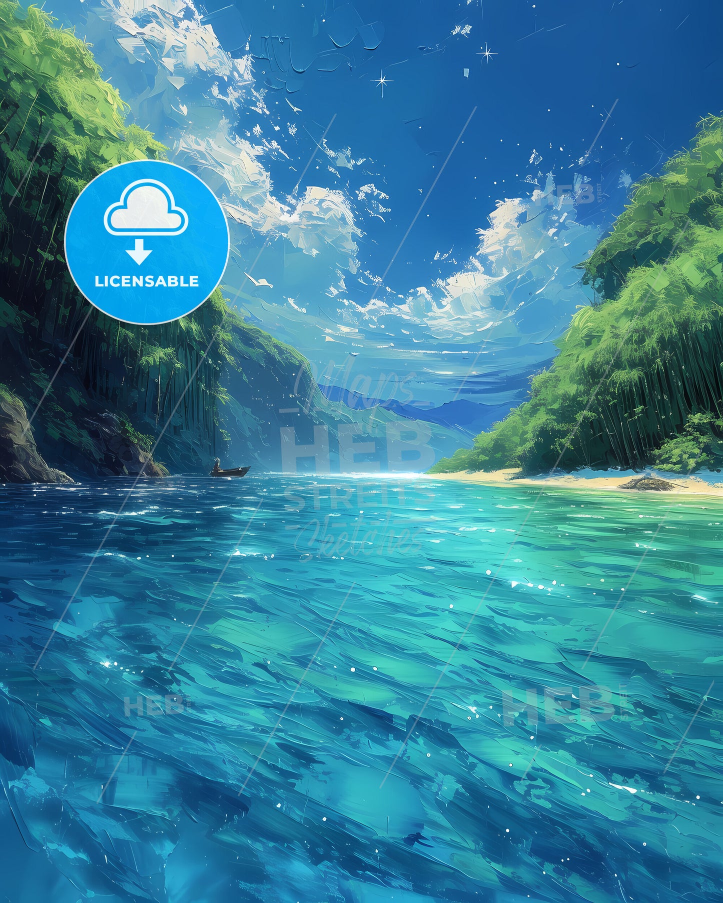 Katsura River, Japan - A Blue Water With Trees And A Boat In It