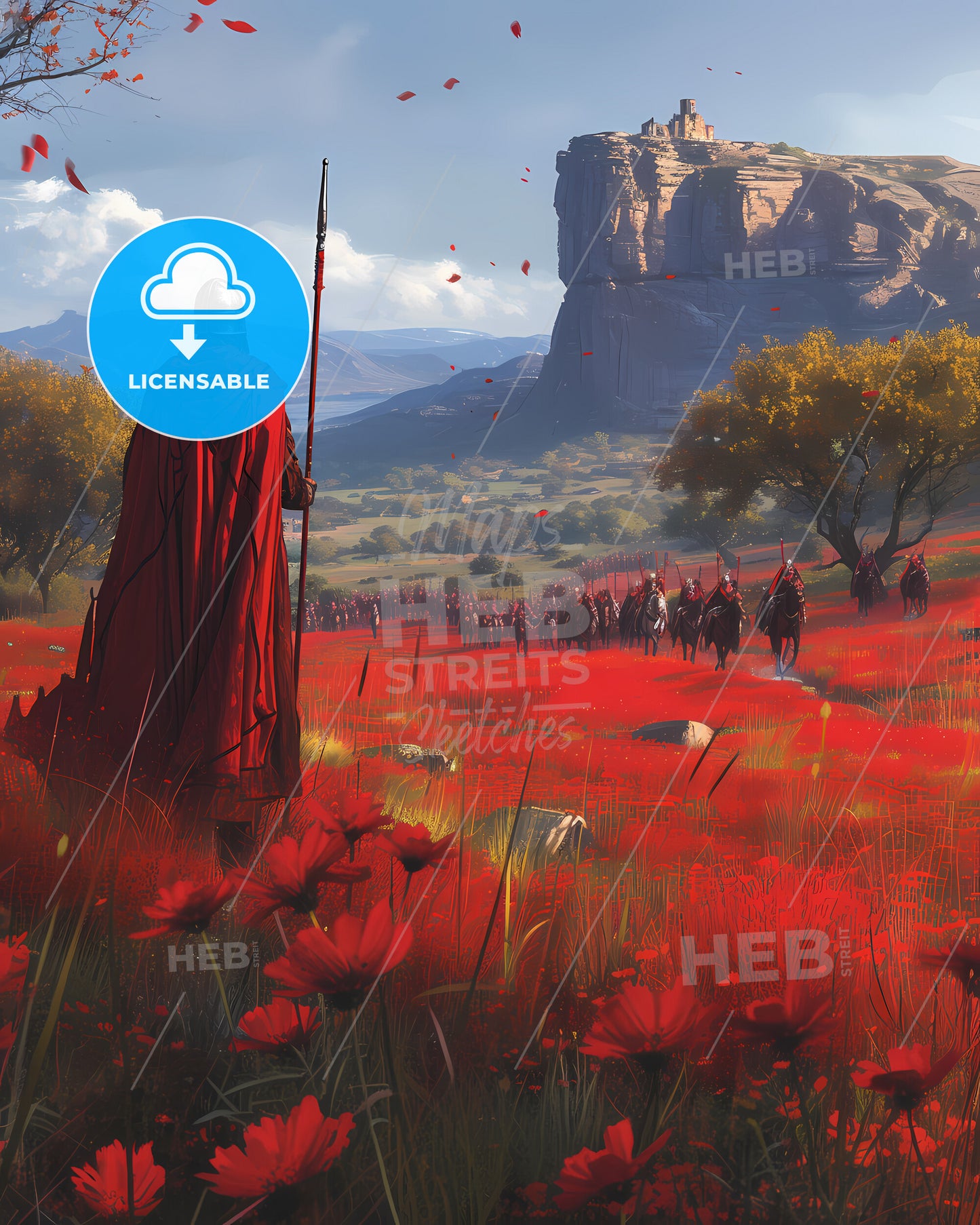 Movie Poster Moses Hoisting A Magic Staff Above His Head And Leading Many Israelites - A Man In A Red Robe Walking Through A Field Of Red Flowers