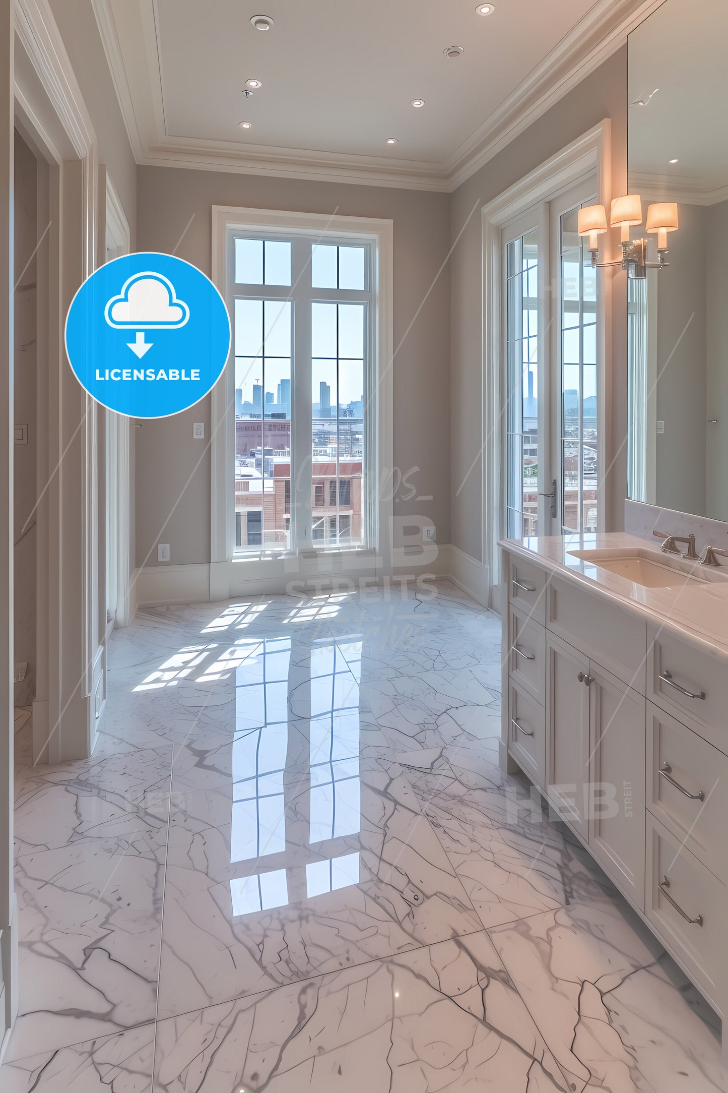 A Spacious Newly Designed Bathroom - A Bathroom With Marble Floor And A Large Window