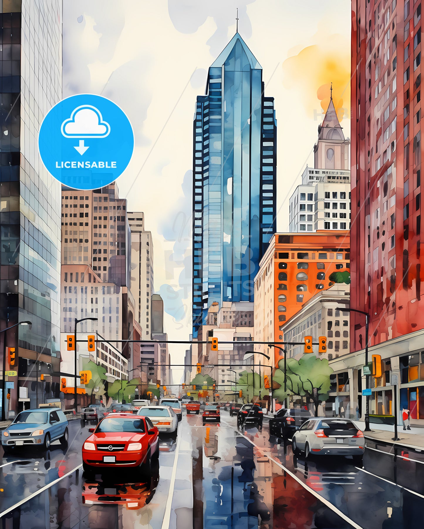 Rotterdam, Netherlands - Watercolor Of A City Street With Cars And Buildings