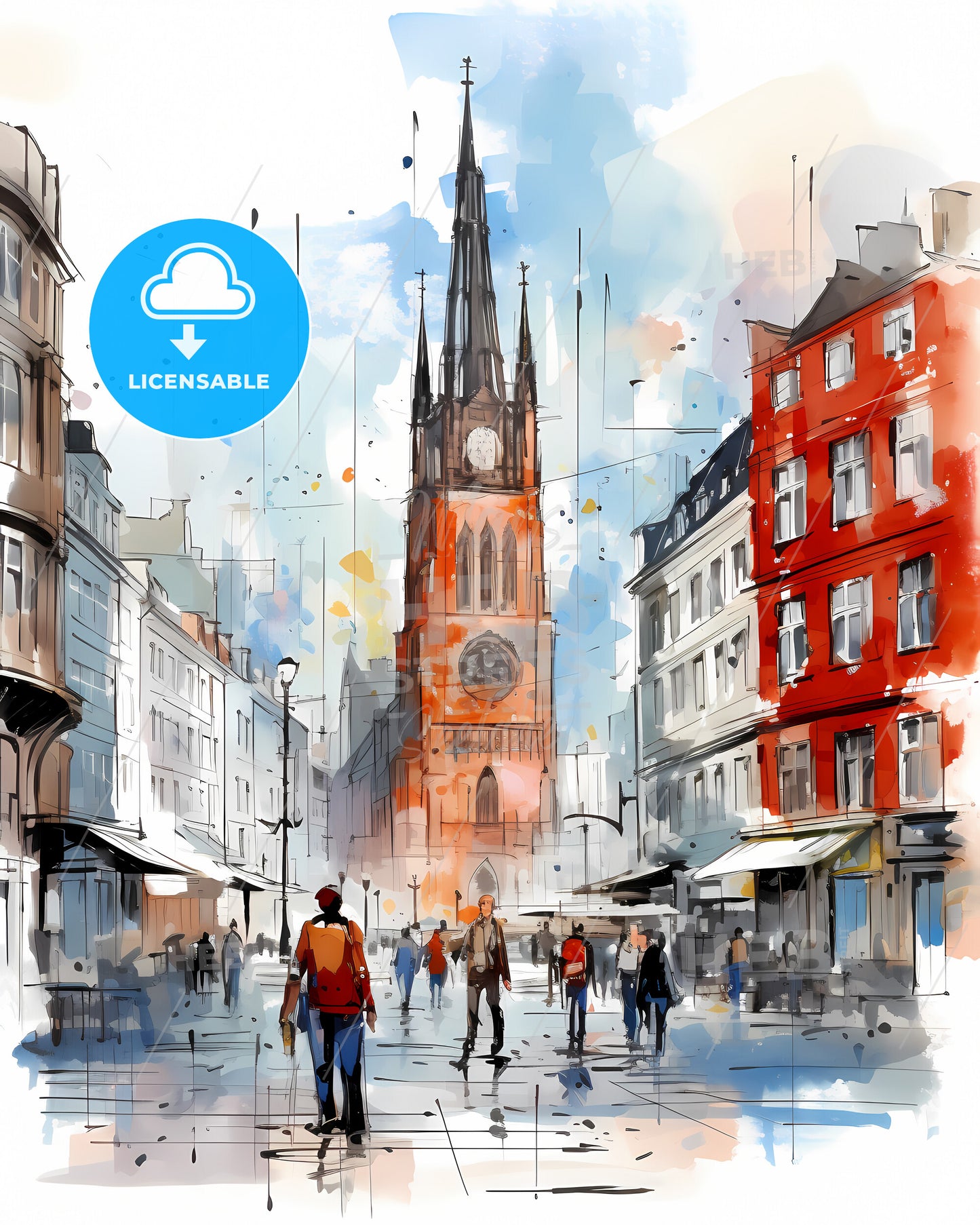 Düsseldorf, Germany - A Watercolor Of A Street With A Clock Tower And People Walking
