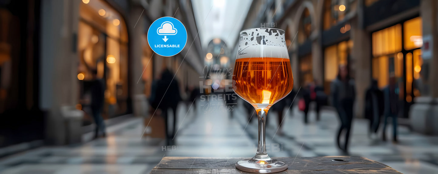 A Photo Of Beer Glas An Empty Very Old Wooden Board Top With A Blurred Shopping Mall In The Background - A Glass Of Beer On A Table