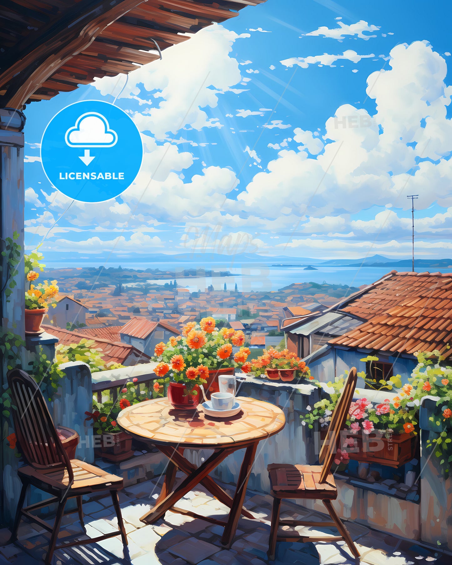 On The Roof Of Bali, Indonesia - A Table And Chairs On A Balcony With A View Of A City And Water