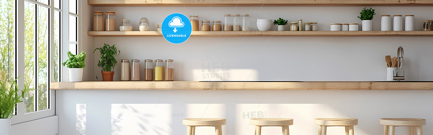 Outstanding Banner For Kitchen Wall Art - Shelves With Jars Of Spices And Stools