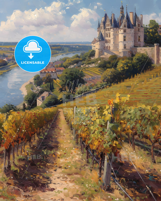 Loire Valley, France - A Castle On A Hill With A River And A Vineyard