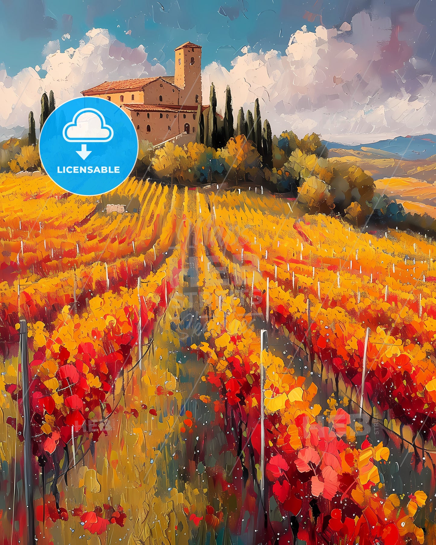 Priorat, Spain - A Painting Of A House On A Hill With Rows Of Colorful Vines