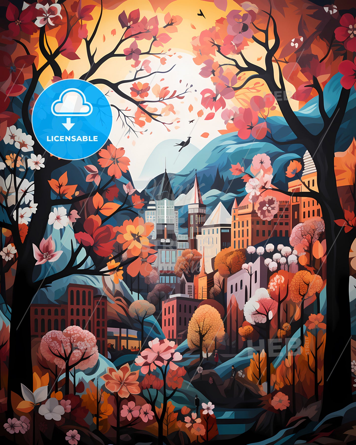 Sandvika, Norway - A Painting Of A City With Trees And Mountains