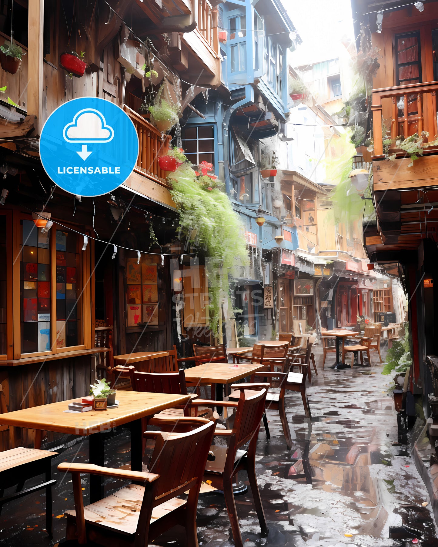 Amiens, France - A Street With Tables And Chairs In A Rainy Day