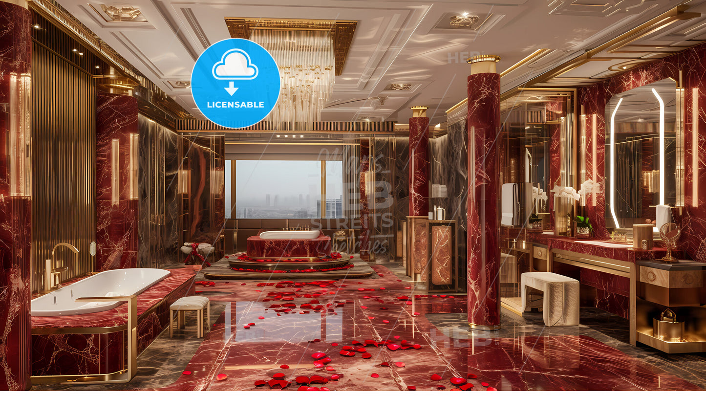 Pink Bathroom, Rose Petals, Flowers, Valentine's Day - A Bathroom With Red Marble Floor And Rose Petals