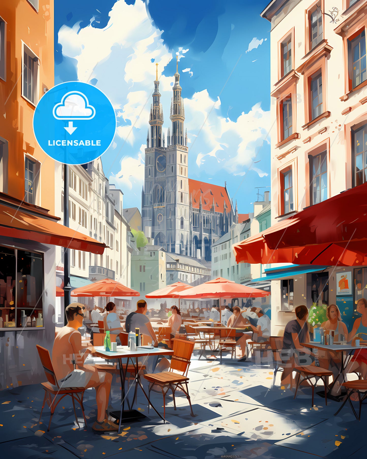 München, Germany - A Group Of People Sitting At Tables In A Street