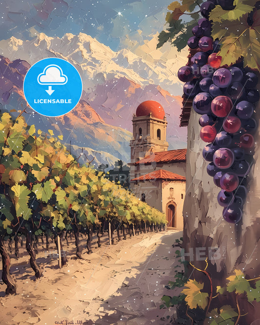 Colchagua Valley, Chile - A Painting Of A Vineyard With A Building And Grapes