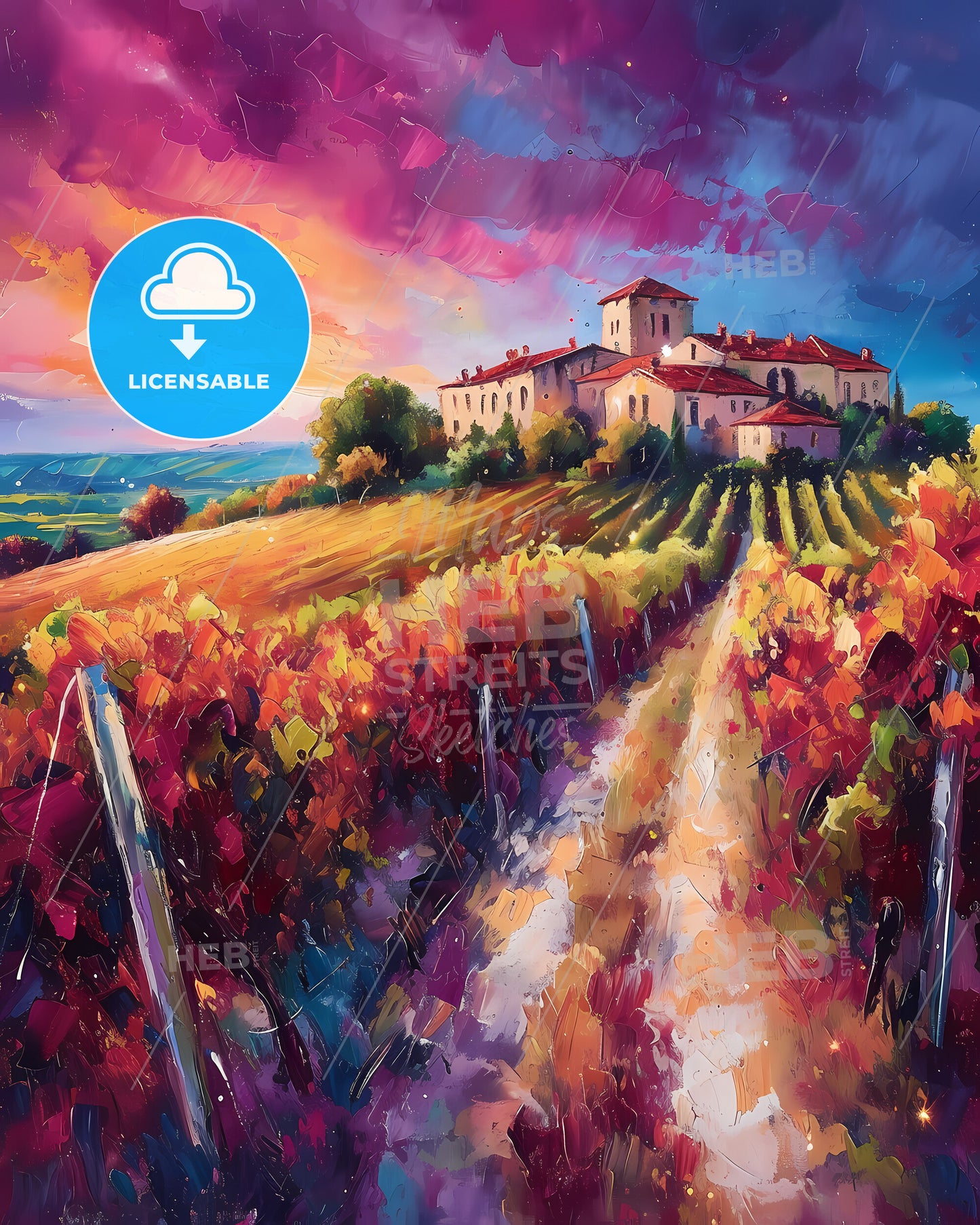 Bordeaux, France - A Painting Of A House In A Vineyard